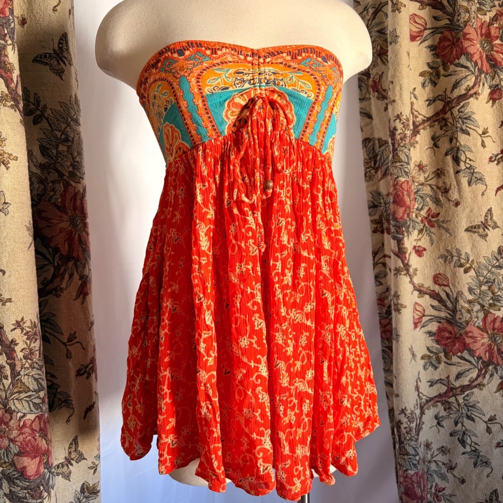 Free People Orange Paisley Boho Strapless Babydoll romper with tie back detail